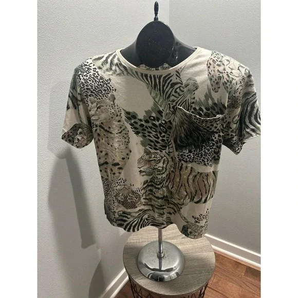 Vintage Judy Knapp Tiger Leopard T-Shirt Pocket wiith Shoulder Pads - Picture 1 of 5